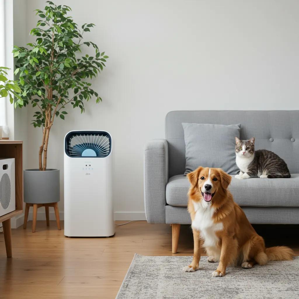 Managing Pet Dander in Your Home 2 Cozy living room with a dog and cat, highlighting the importance of air purification for managing pet dander