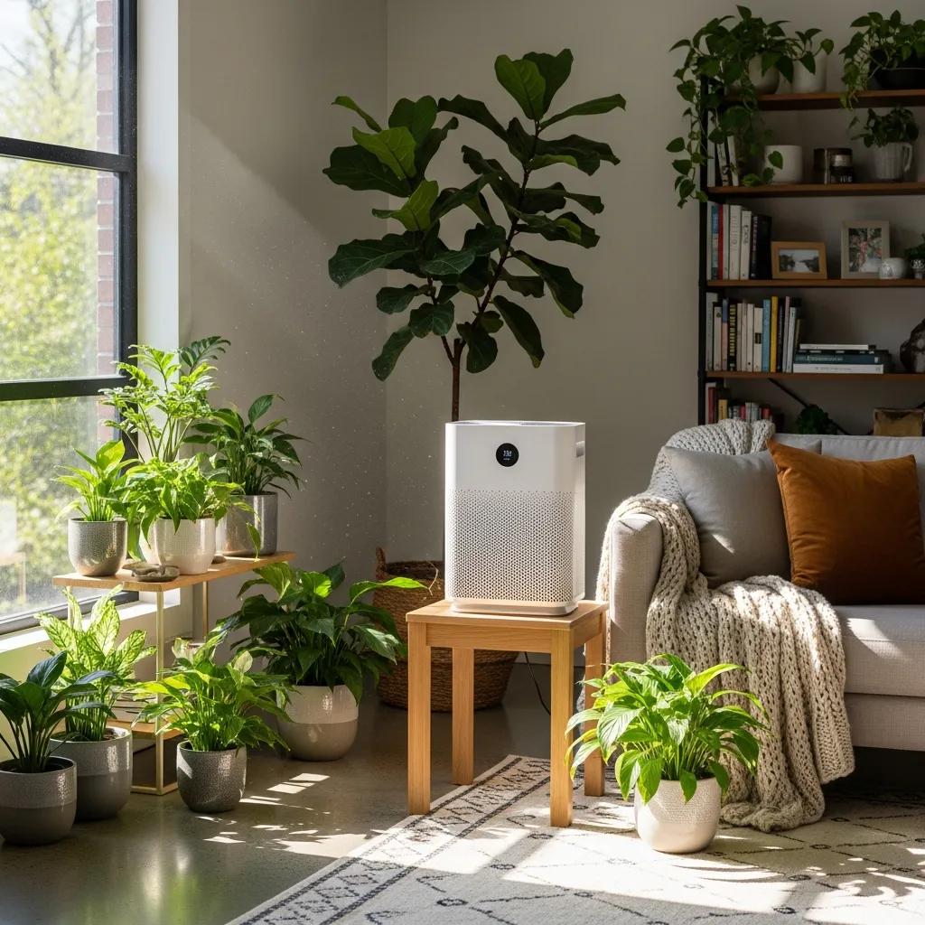 Modern air purifier in a cozy living room enhancing indoor air quality