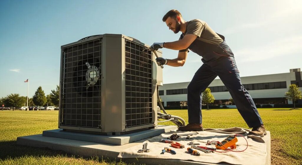 Spring HVAC Maintenance Checklist 2 Technician performing HVAC maintenance on an air conditioning unit in a sunny outdoor setting