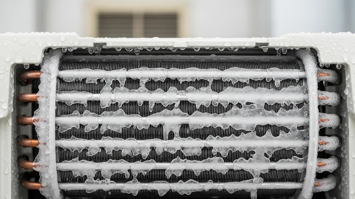 Why Is My AC Not Cooling? Troubleshooting Guide 3 Close-up of an air conditioning unit showing ice buildup on evaporator coils due to low refrigerant