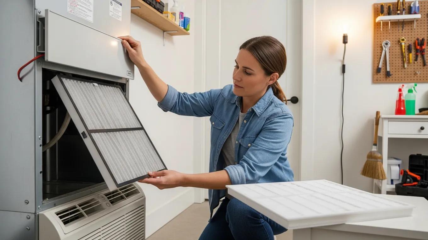 Why Is My AC Not Cooling? Troubleshooting Guide 4 Homeowner checking the air filter of an air conditioning unit for maintenance