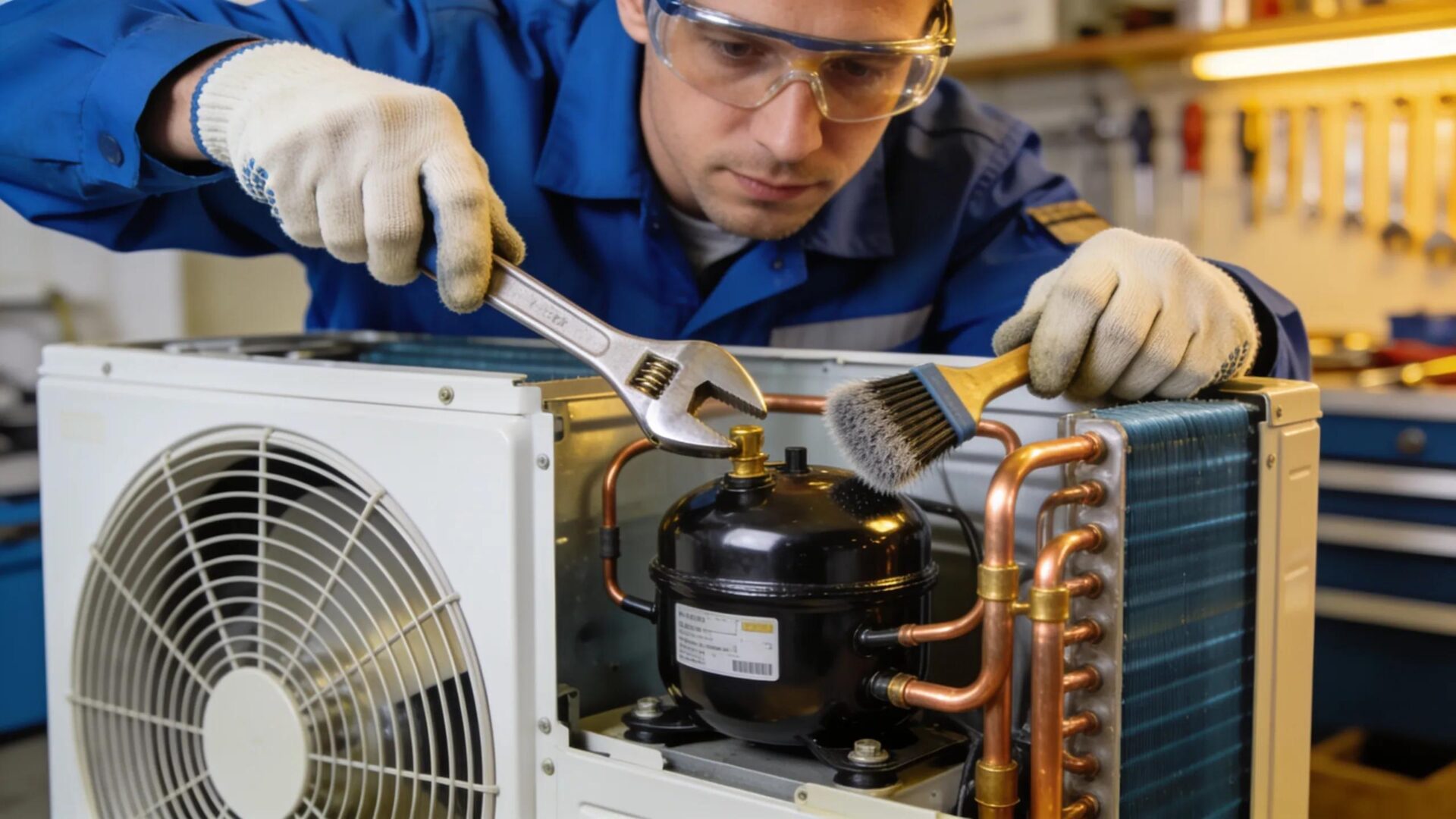 Top Signs You Need AC Compressor Repair or Replacement 4 Technician performing routine maintenance on air conditioning compressor demonstrating preventative care