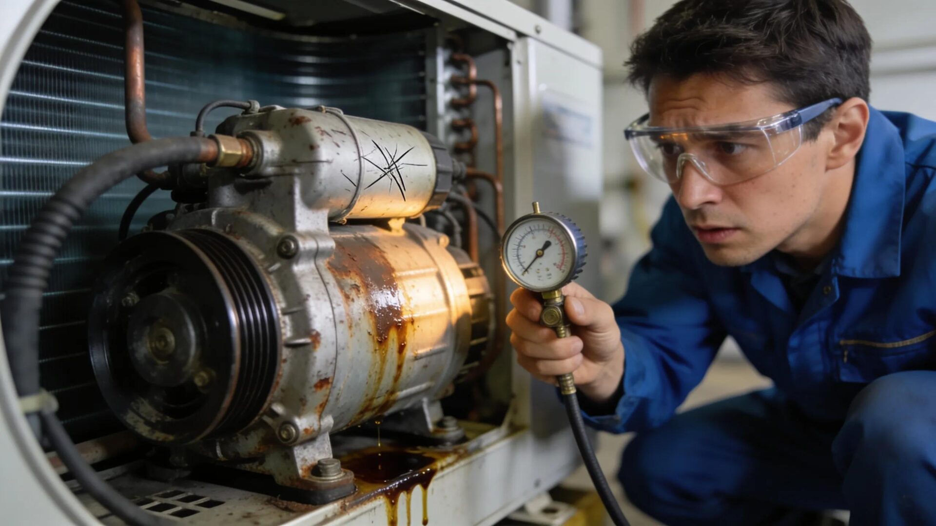 Top Signs You Need AC Compressor Repair or Replacement 3 Technician inspecting air conditioning compressor showing signs of wear and potential leaks